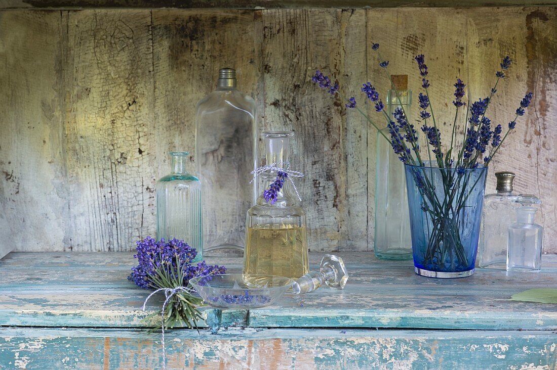 Lavender oil in a glass bottle