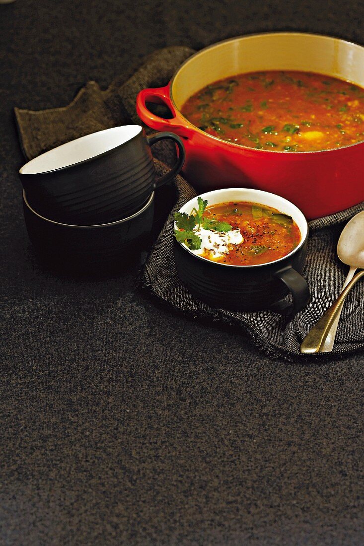 Root vegetable and lentil soup with curry