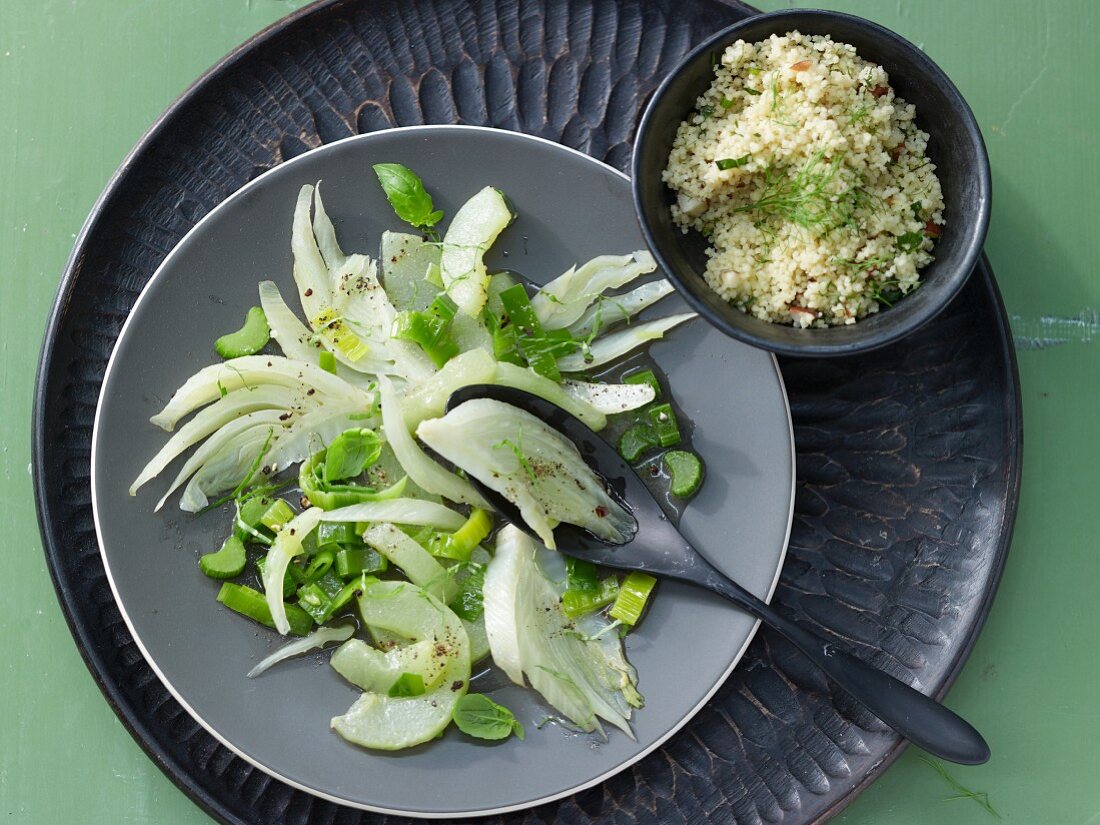Green cucumber medley with almond couscous
