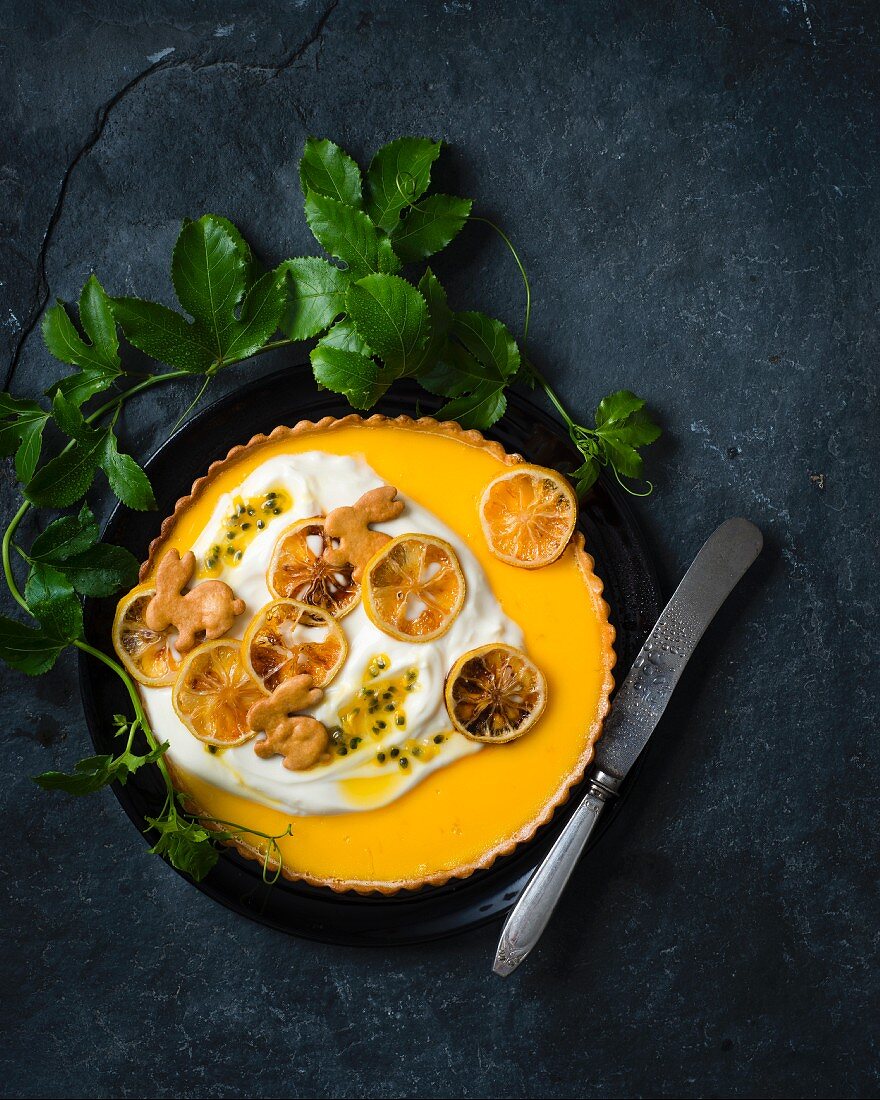 Lemon tart with yoghurt and granadilla for Easter