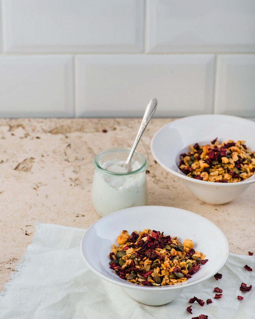 Beetroot muesli with whipped coconut cream
