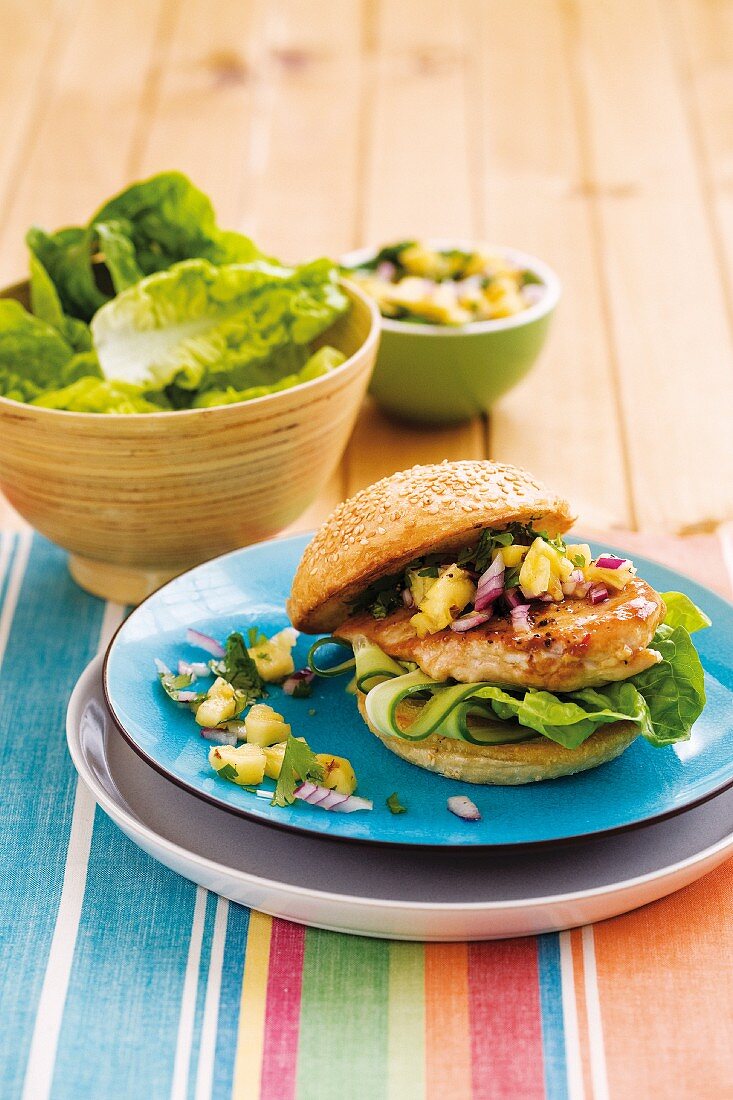 Chicken burger with pineapple salsa