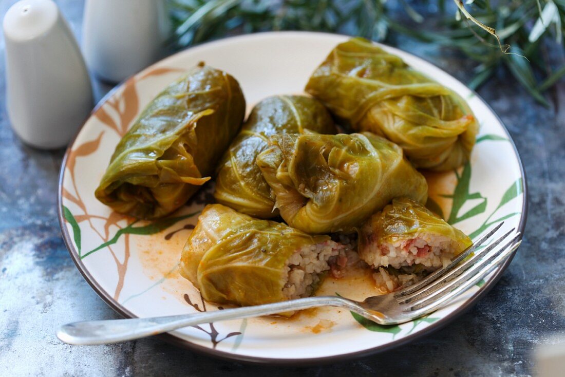 Cabbage roulade stuffed with rice and sausage