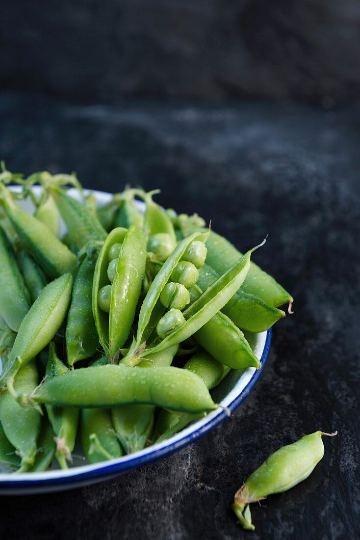 Freshly washed pea pods in an enamel bowl