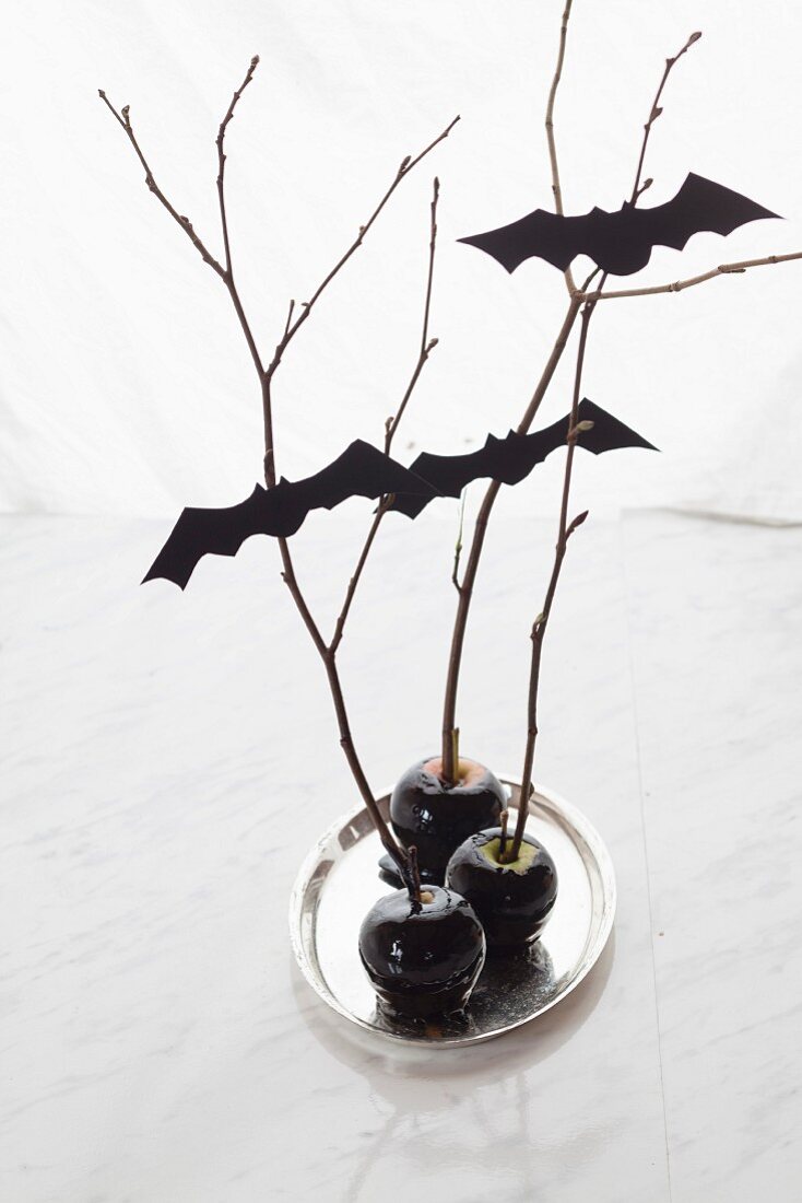 Schwarz kandierte Äpfel mit Fledermäusen als Halloween-Dekoration