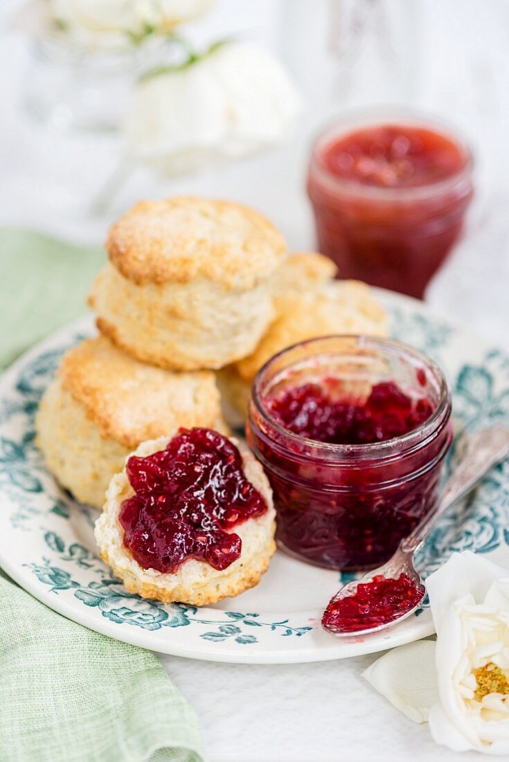 Lemon scones with cherry and raspberry jam for afternoon tea