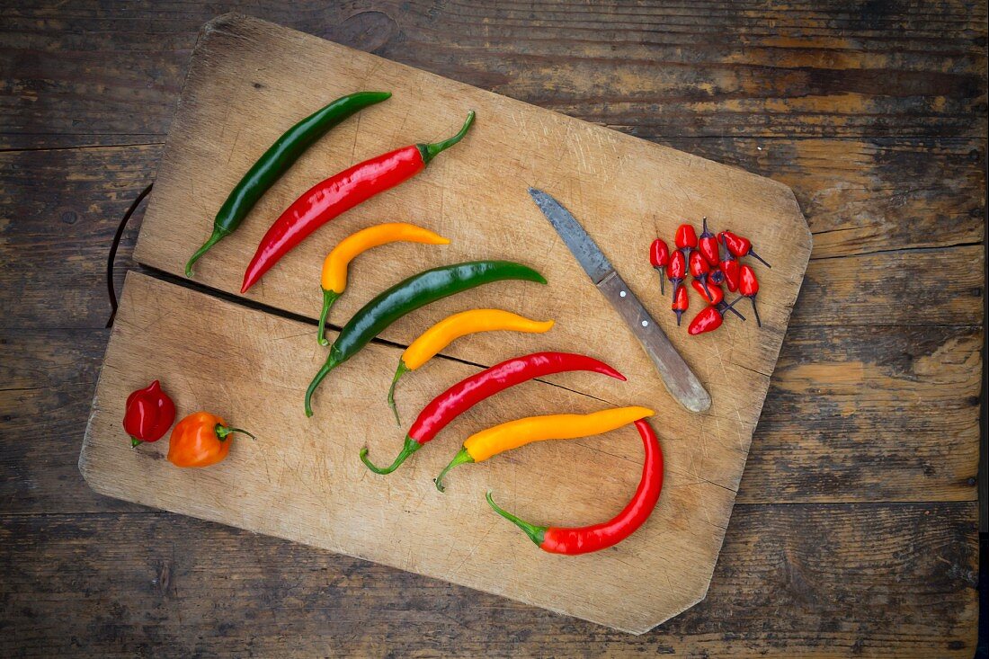 Various chilli peppers on a wooden chopping board (seen from above)