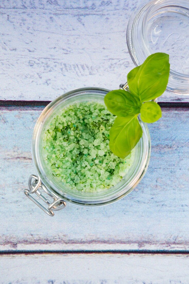 Herb salt in preserving jar (seen from above)