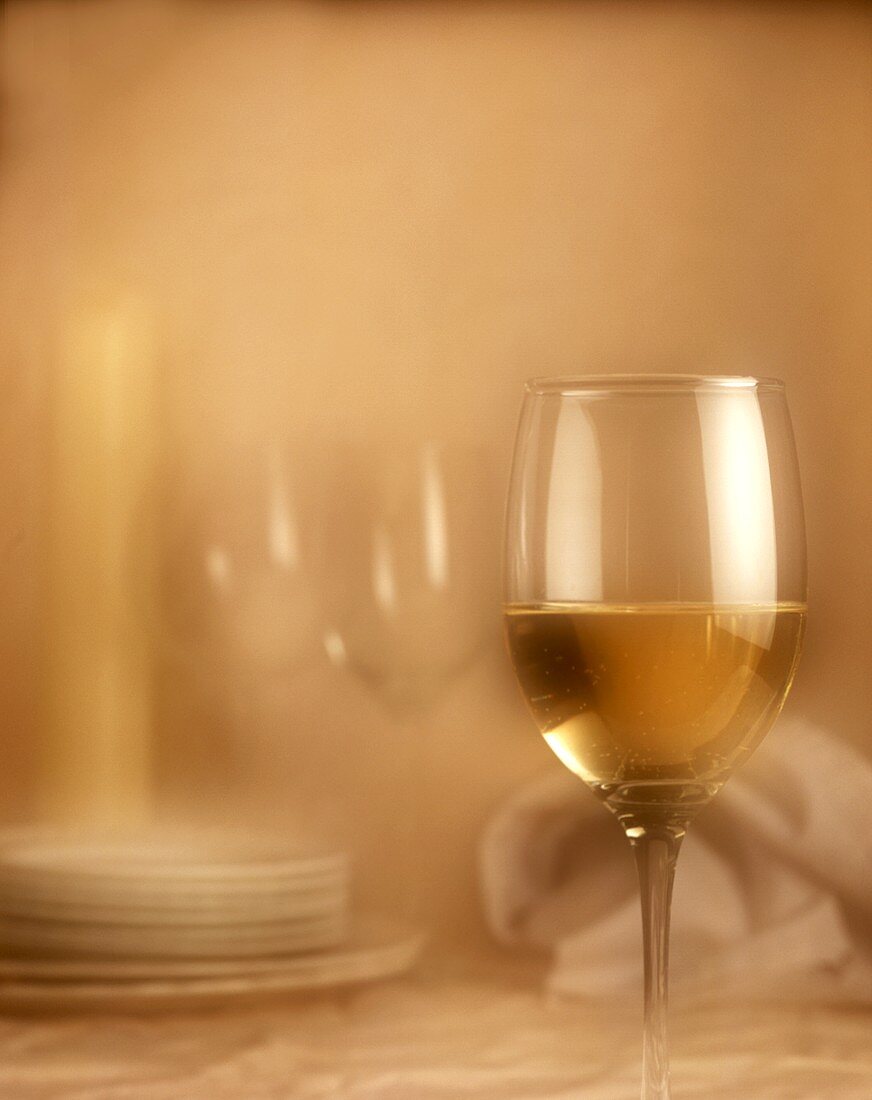 A glass of white wine beside, plates, napkin & candle
