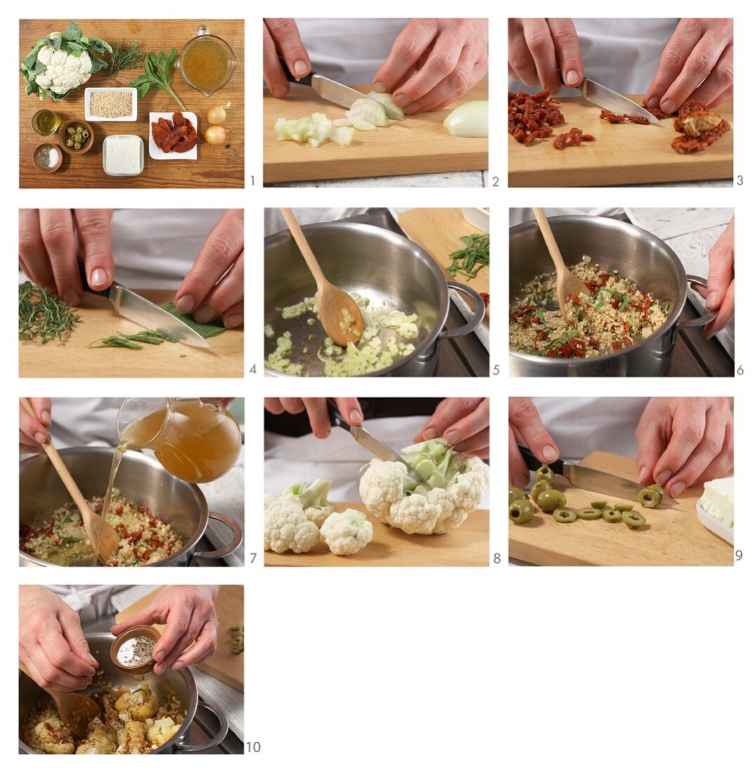 Cauliflower and tomato risotto with sheep's cheese and sage being made