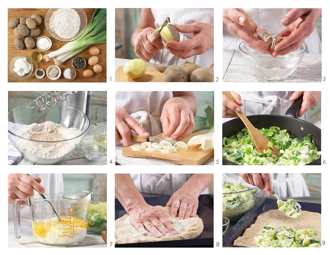 Leek and potato cake with pumpkin seeds being made