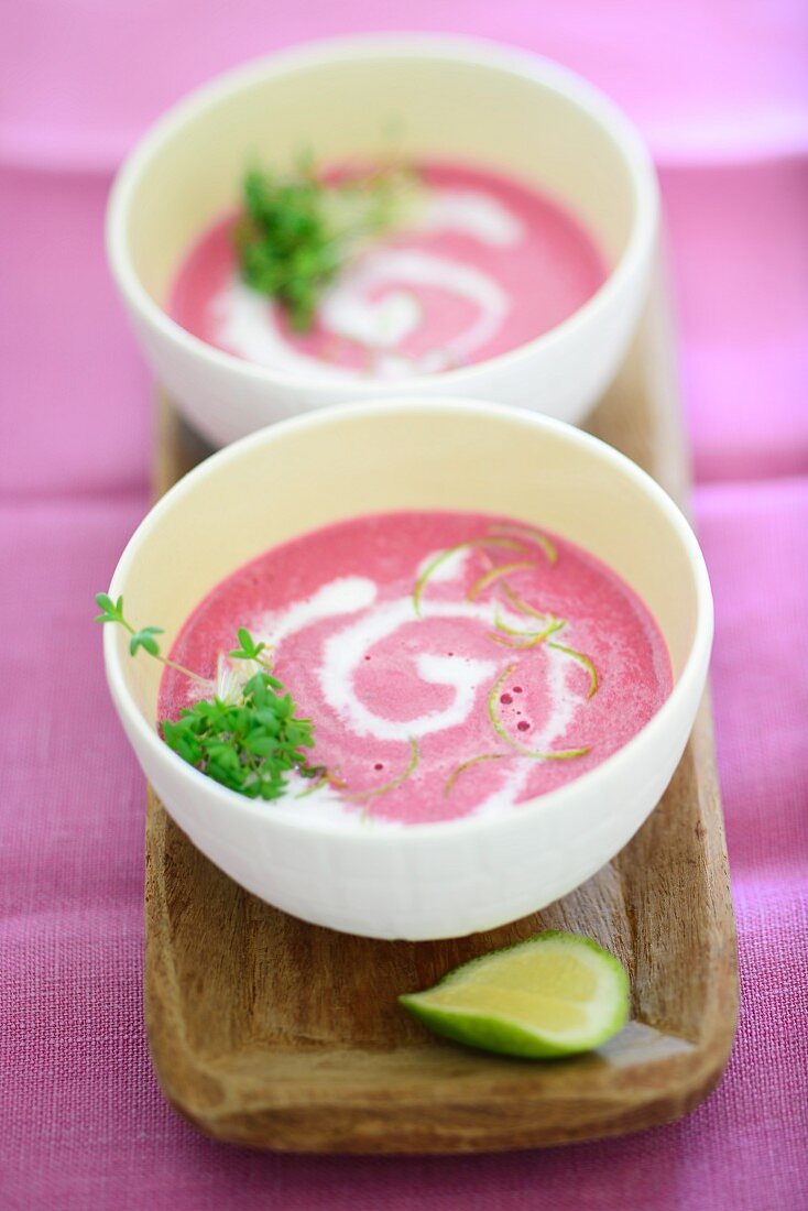 Beetroot soup with sour cream and cress