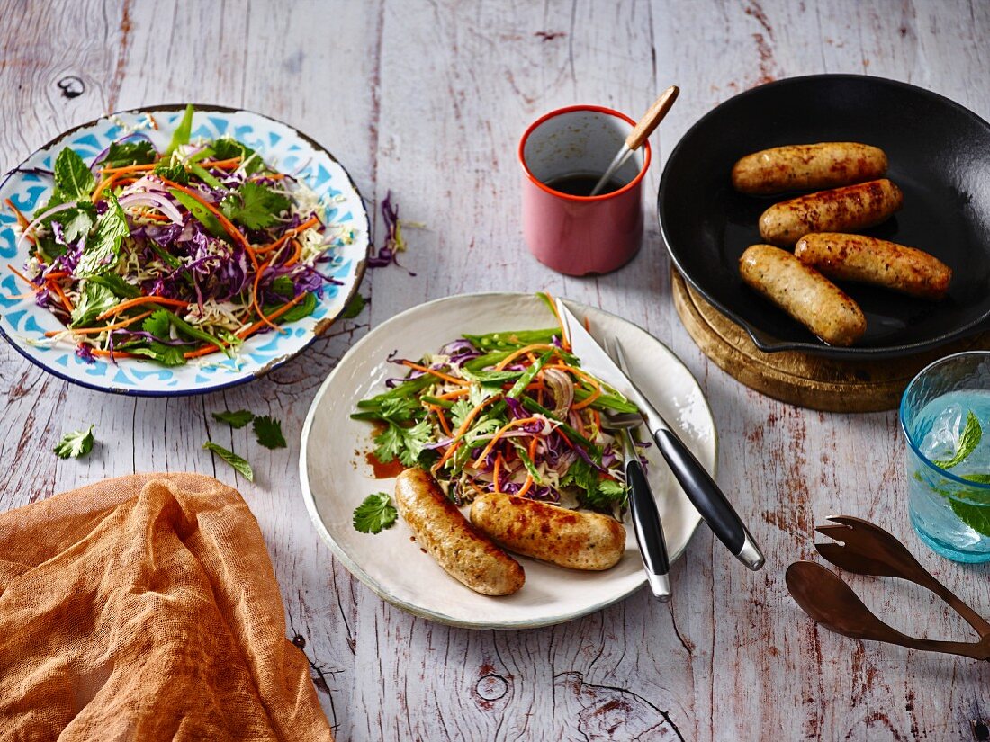 Pork and chilli sausages with coleslaw