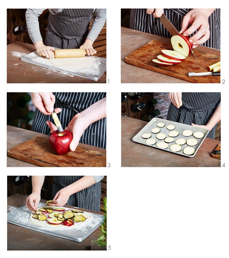 Flammkuchen mit Apfelscheiben und Zucchini zubereiten