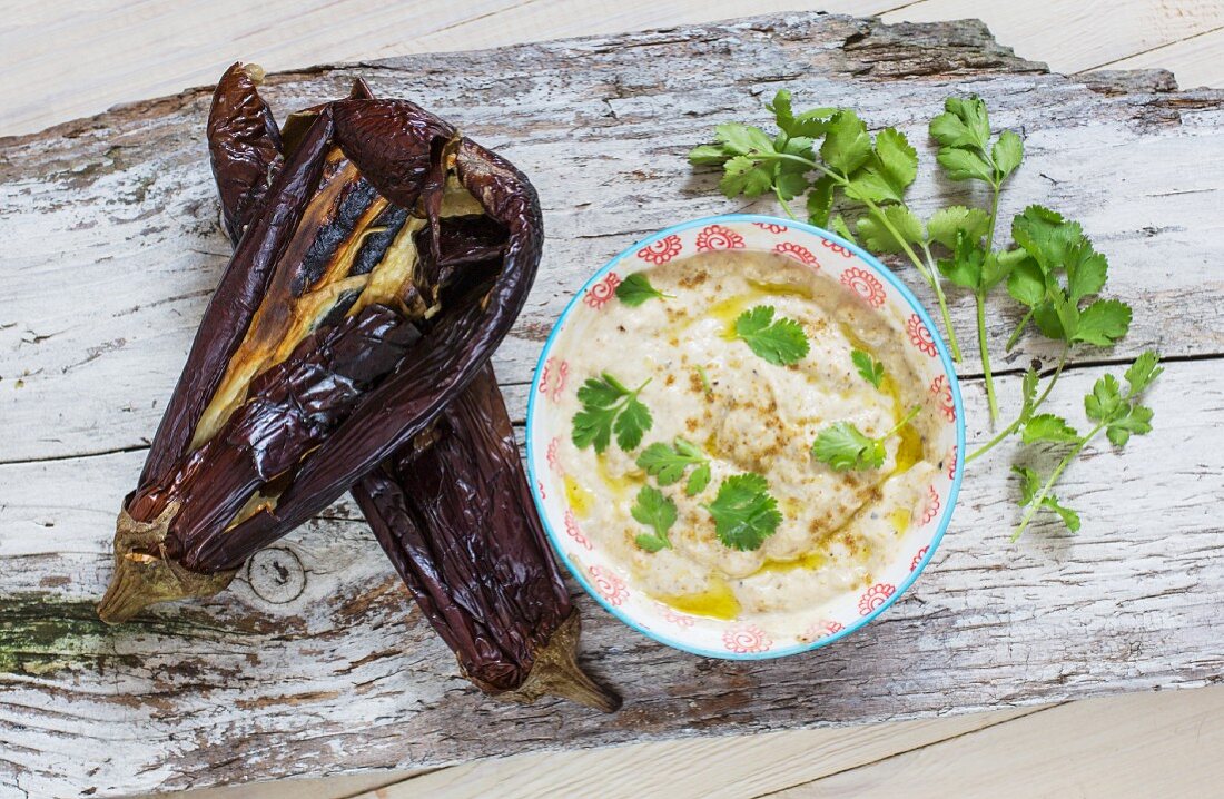 Baba ganoush with aubergine skins and coriander