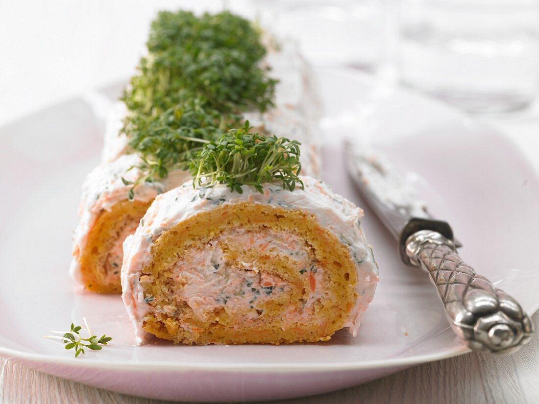 Savoury carrot Swiss roll with cress quark for Easter