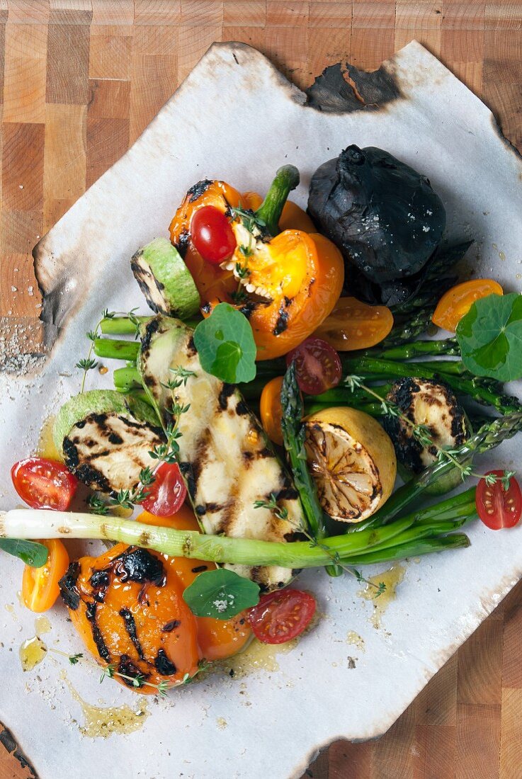 Mixed grilled vegetables on a piece of paper