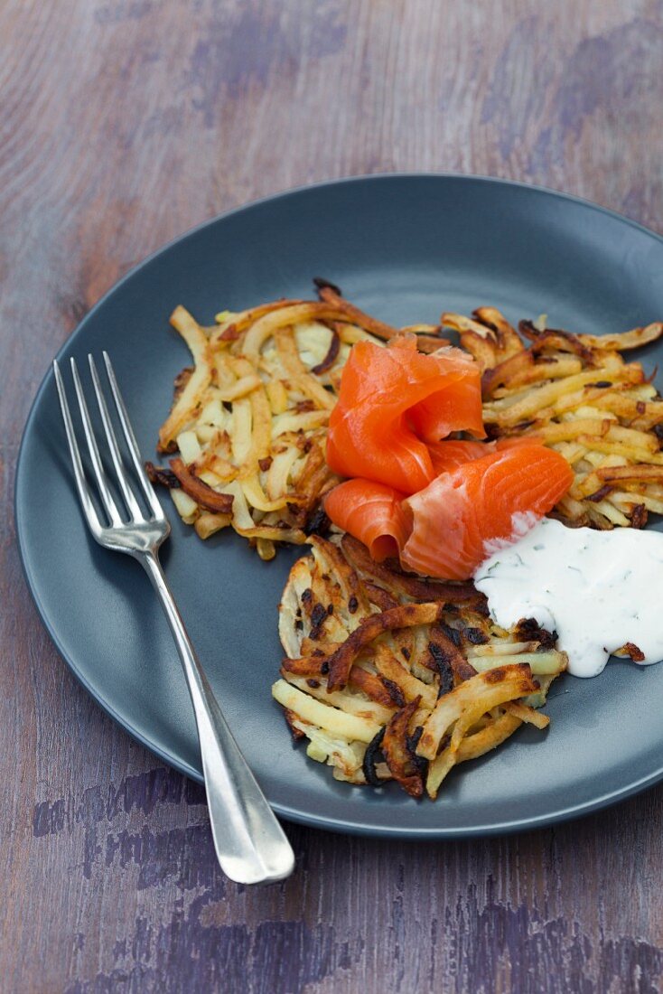 Potato cakes with smoked trout and crème fraîche