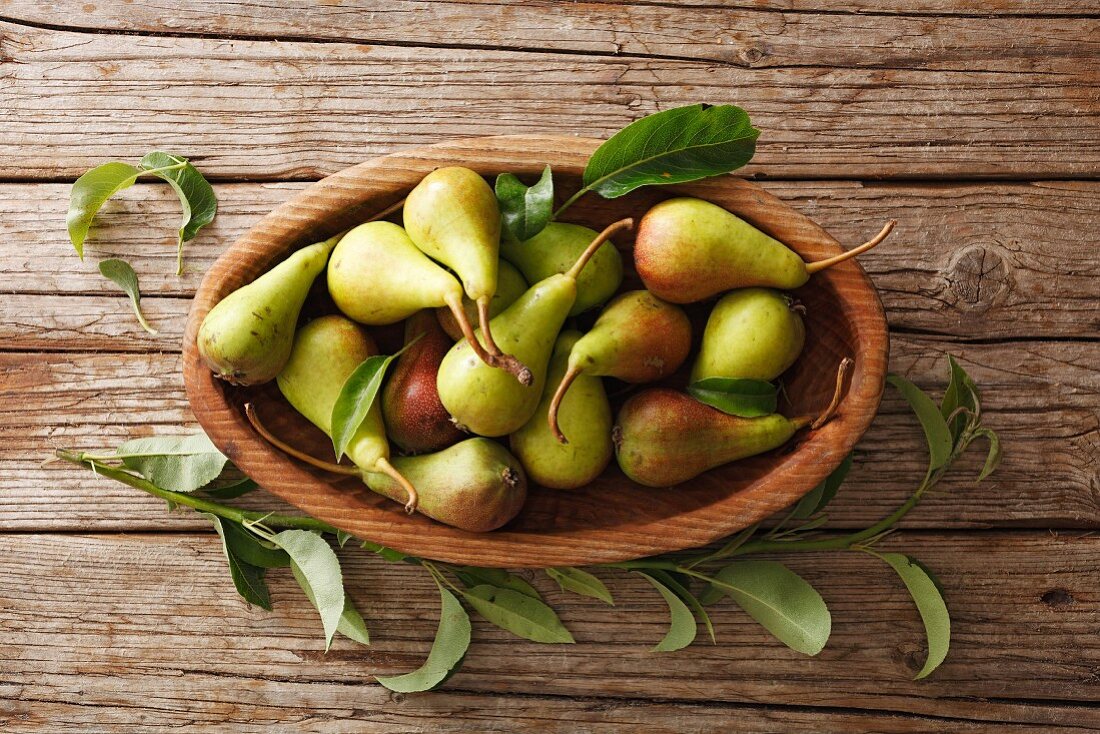 Wild pears in an oval wooden bowl