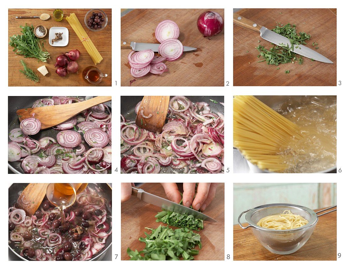 Spaghetti with an onion and olive sauce and rocket being made