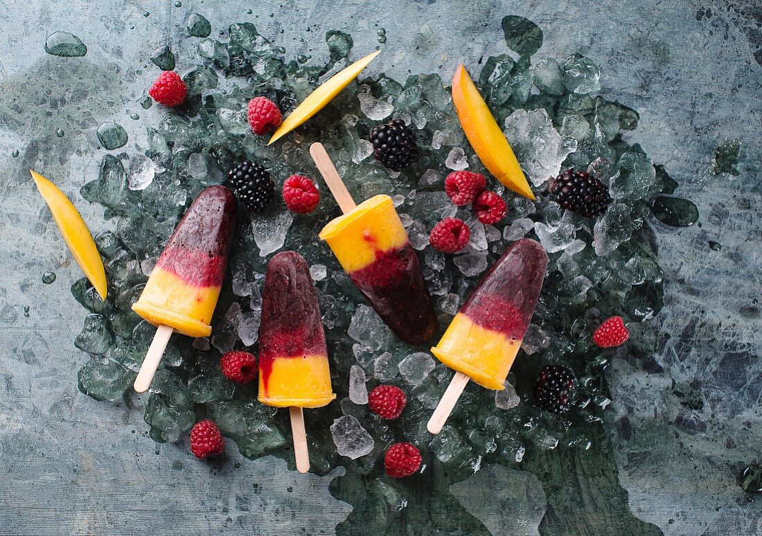 Tri-coloured berry and mango ice lollies (seen above)