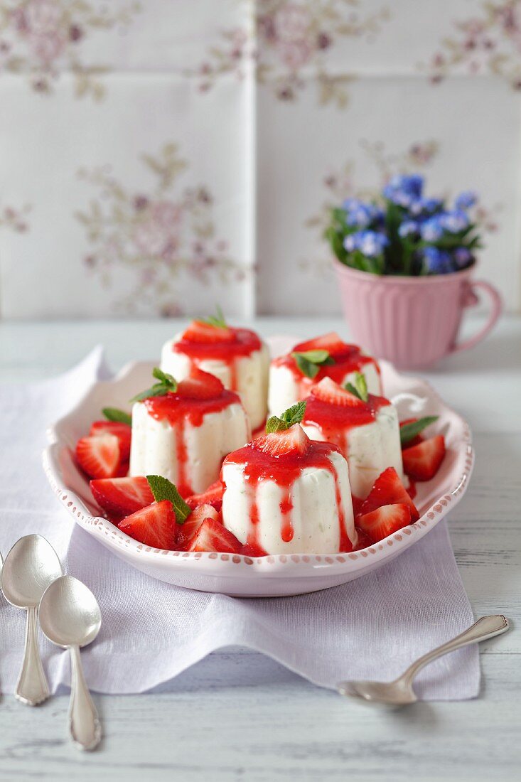 Limette-Joghurtflans mit Erdbeersauce