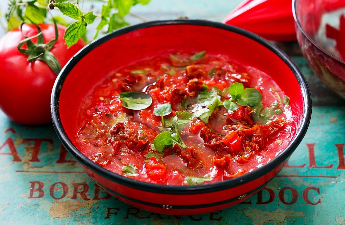 Gazpacho in a red soup bowl