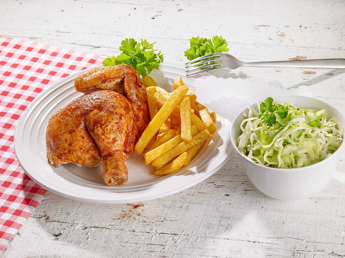Roast chicken with chips and salad