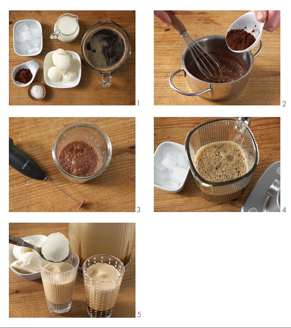 Iced coffee with chocolate foam being made