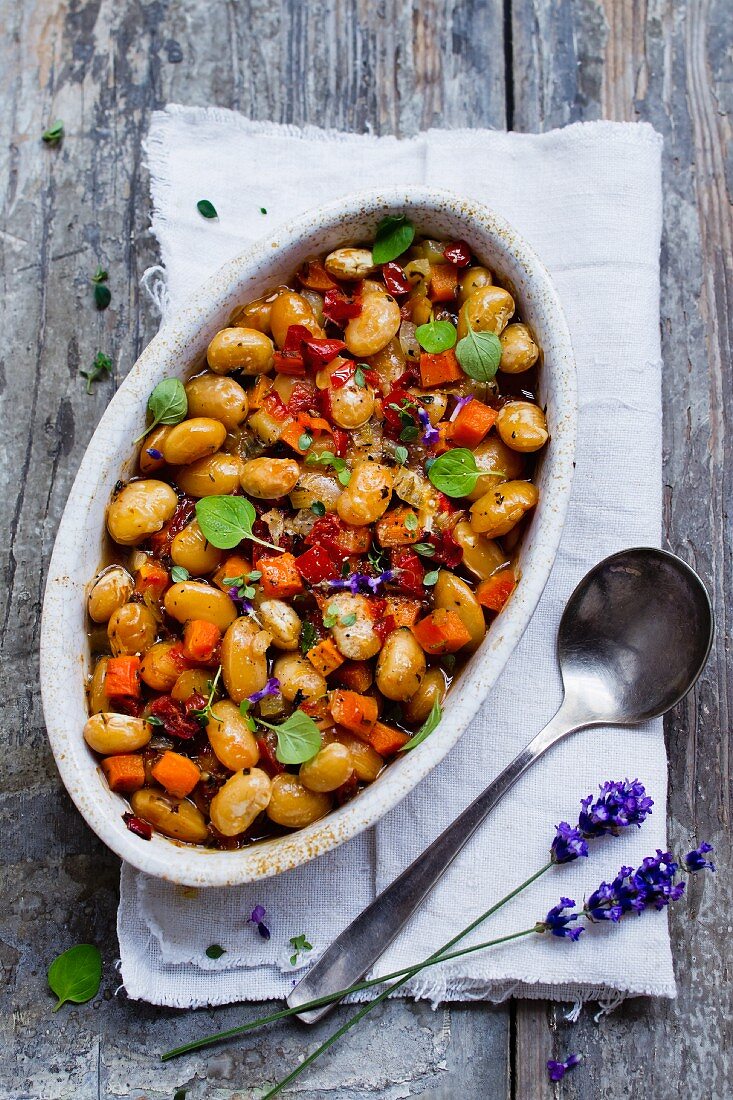 Bean stew with lavender flowers