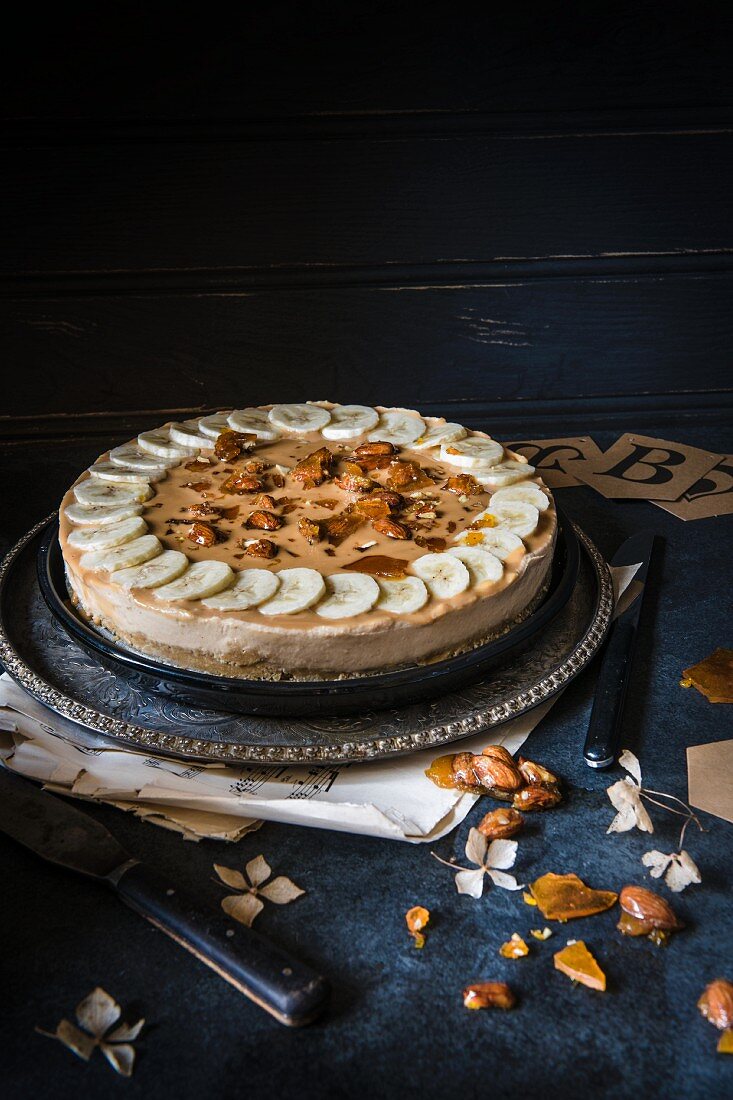 Banana and toffee cake with almond brittle
