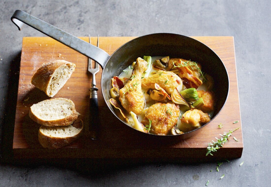 Quick coq au vin with bacon and mushrooms