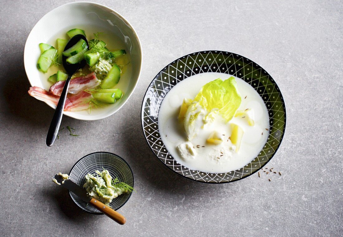 Gurkeneintopf mit Speck und Dillbutter und Topfen-Rahmsuppe mit Salat