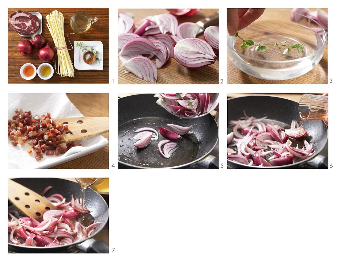 Red onion and bacon sauce for tagliatelle being made