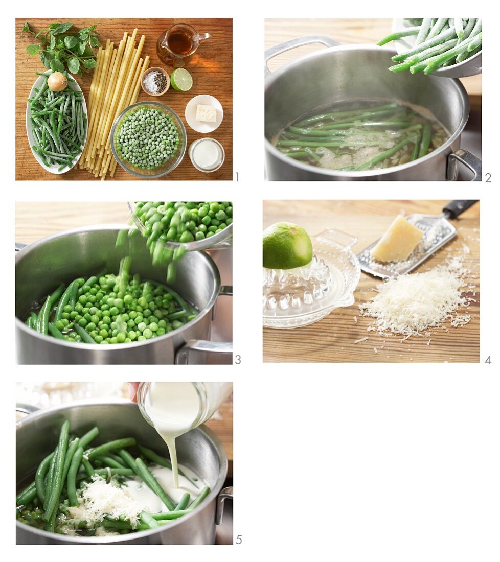 Pea and bean ragout with soya cream and Grana Padano being made