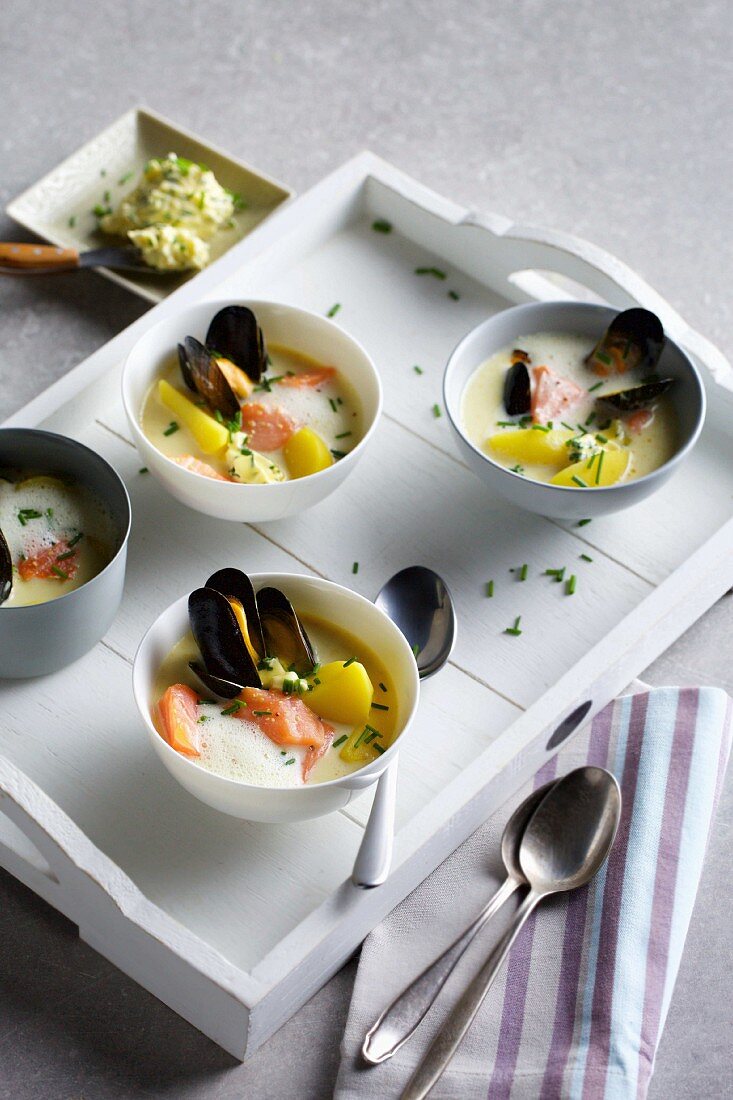 Seafood chowder with whisky butter