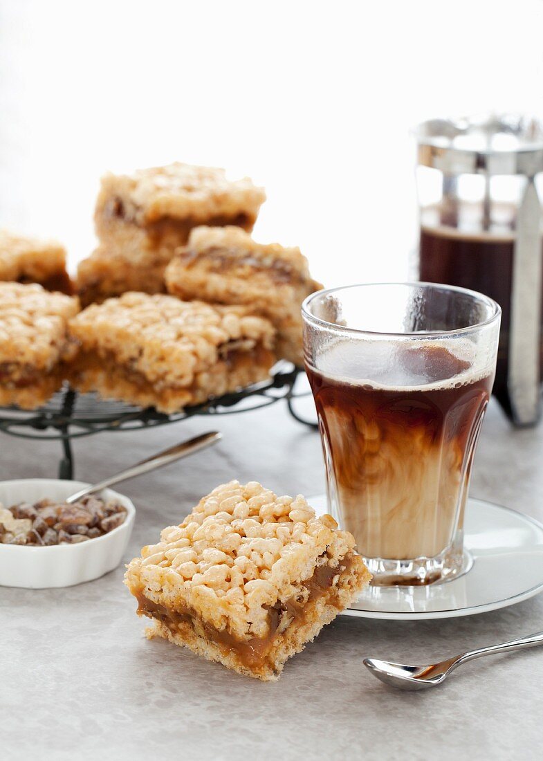 Salted caramel & pecan crispy treat served with coffee