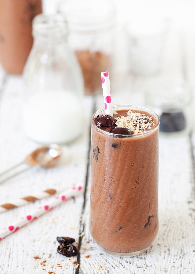 Healthy chocolate, cherry and coconut shake