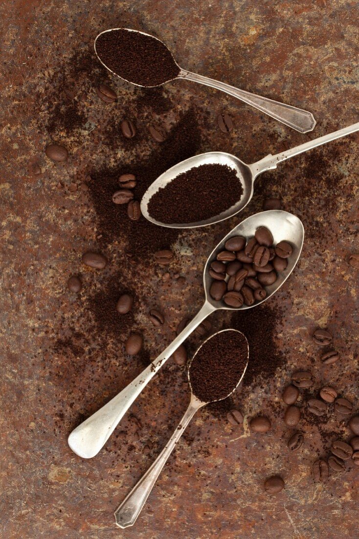 Ground coffee and whole coffee beans on spoons