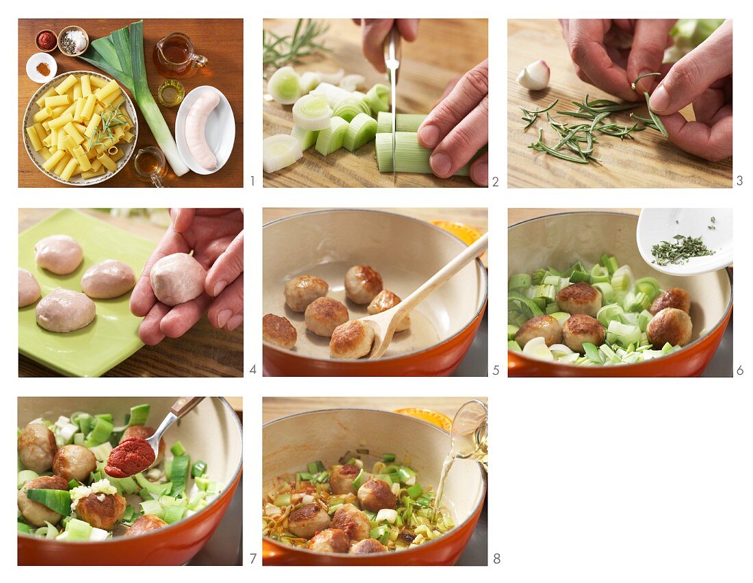 Sausage meat ragout with leek being made