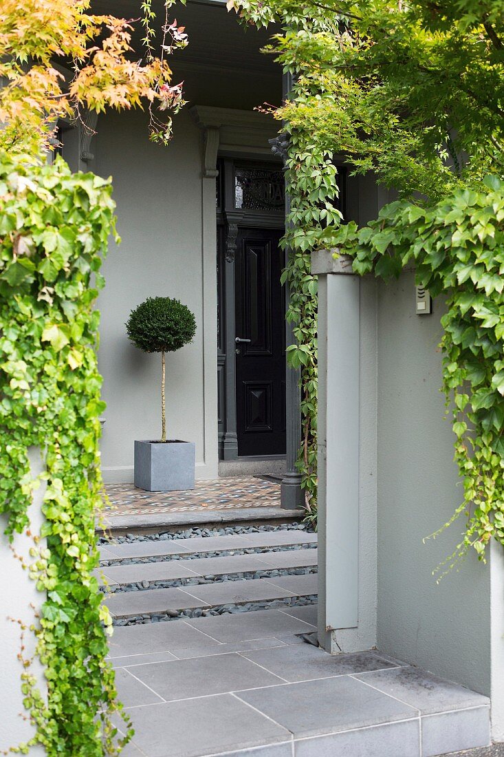 Entrance with stone slabs and traditional tile pattern