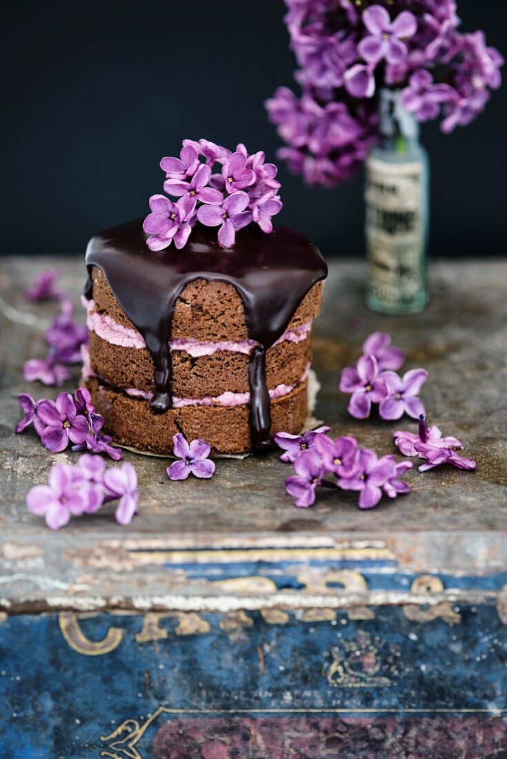 Mini chocolate and almond cakes with blackberry butter, chocolate glaze and lilac flowers
