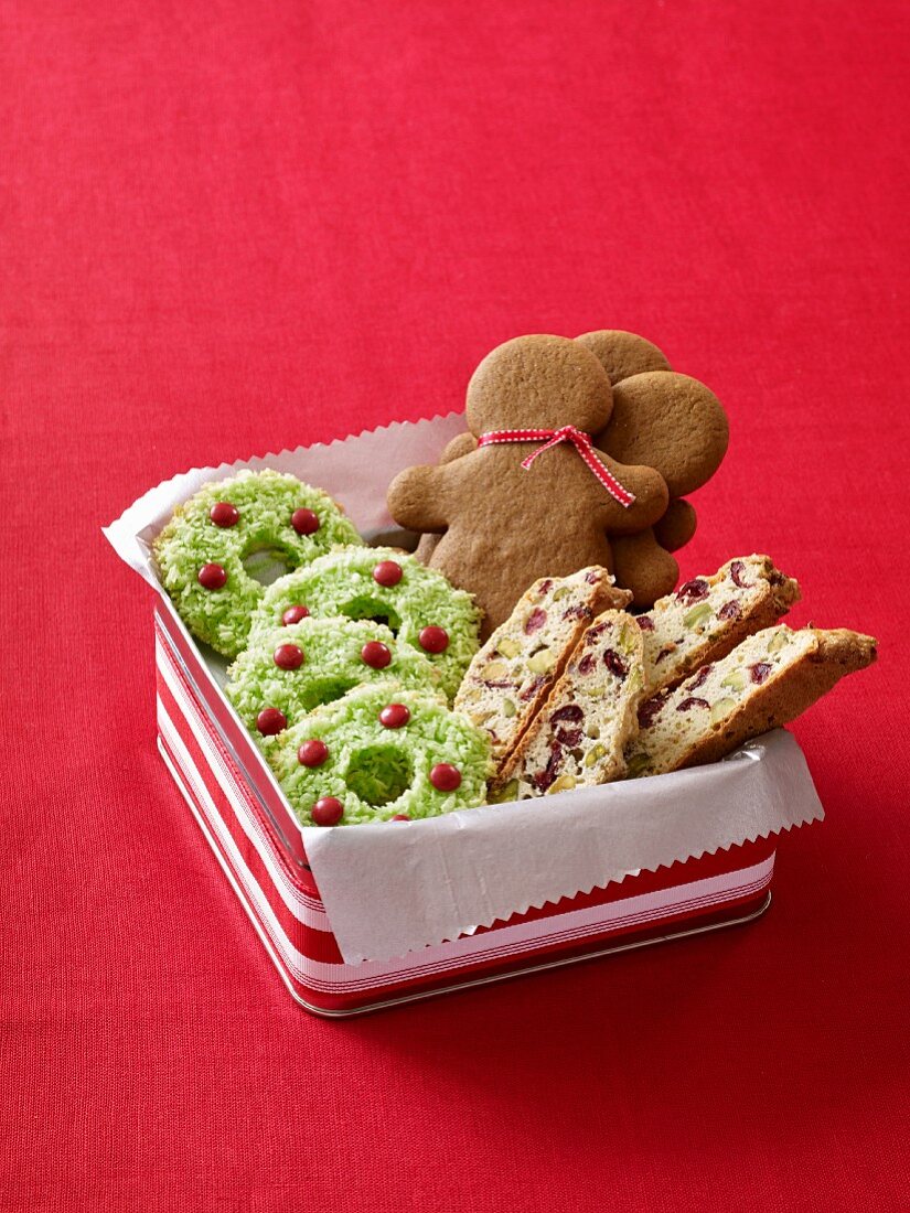 Various Christmas biscuits in a gift box