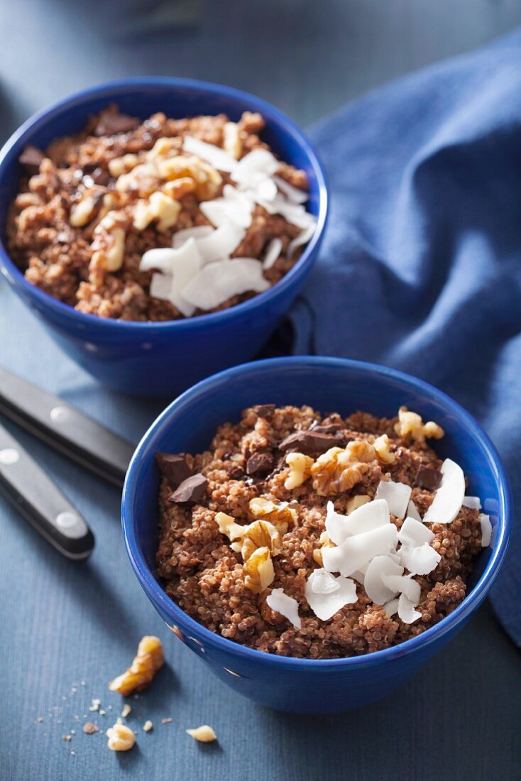 Quinoa muesli with chocolate, nuts and grated coconut