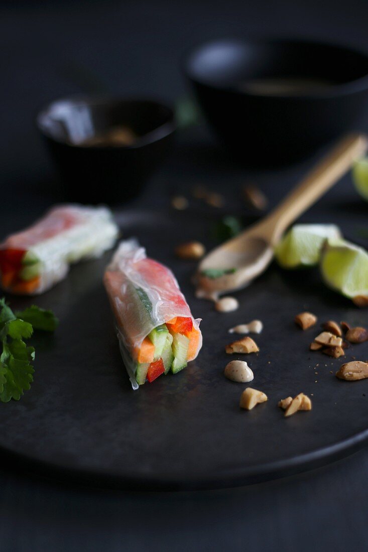 Asian vegetarian rice paper rolls with peanut sauce