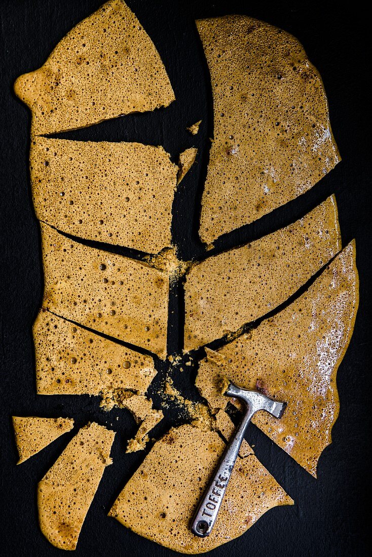 A slab of honeycomb broken with a toffee hammer (seen from above)