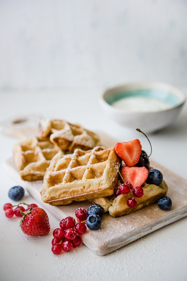 Waffles with fresh berries and yoghurt