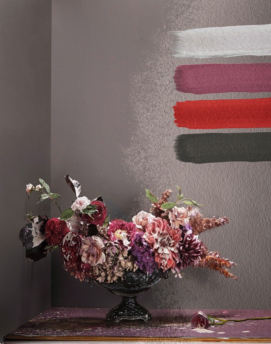 Blumenstrauß mit Farbkleksen, Farbproben an der Wand, Fotoart