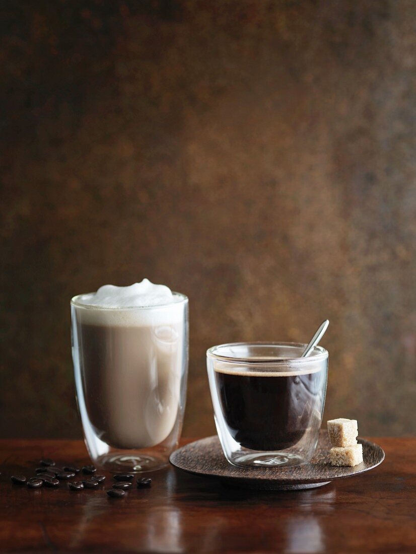 Espresso and coffee with milk froth