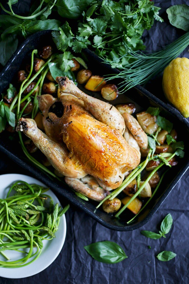 Roast chicken with potatoes, lemon, assorted herbs and wild asparagus